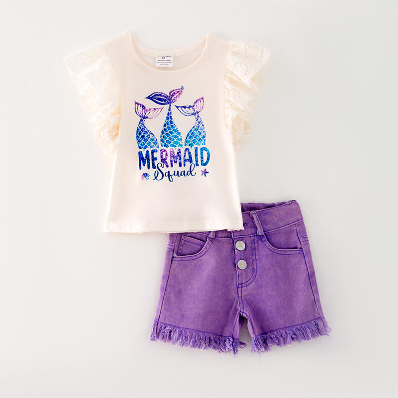 （In StockL11-03-01）Girls Mermaid Print Purple Denim Set