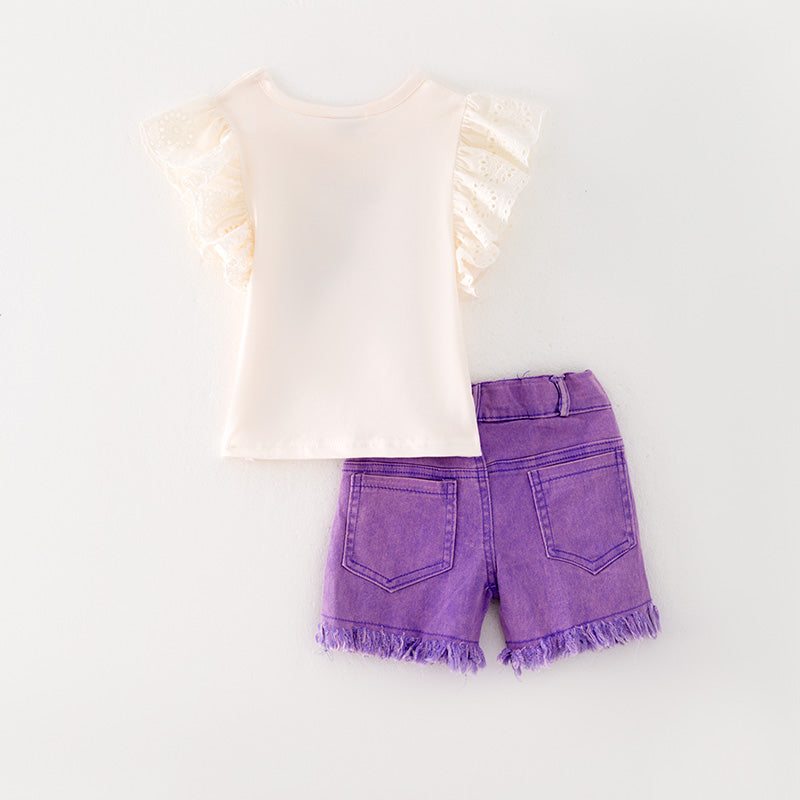 （In StockL11-03-01）Girls Mermaid Print Purple Denim Set