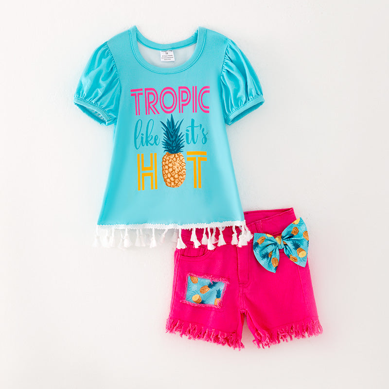 （In Stock L09-04-01）Girls Summer Print Pink Denim Set