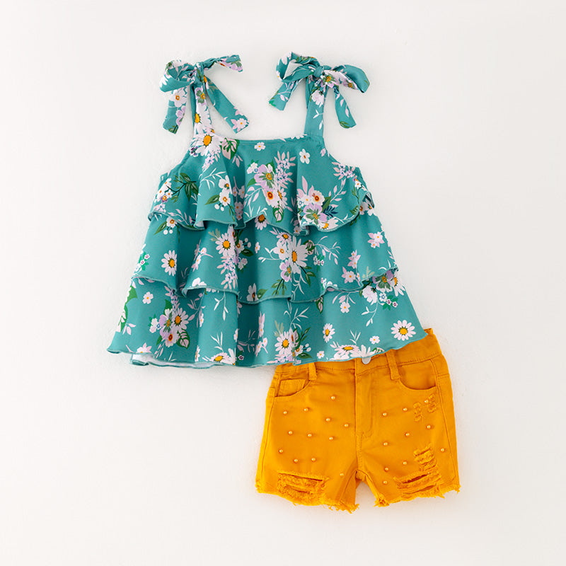 （In Stock L09-02-01）Girls Floral Print Top Orange Denim Set