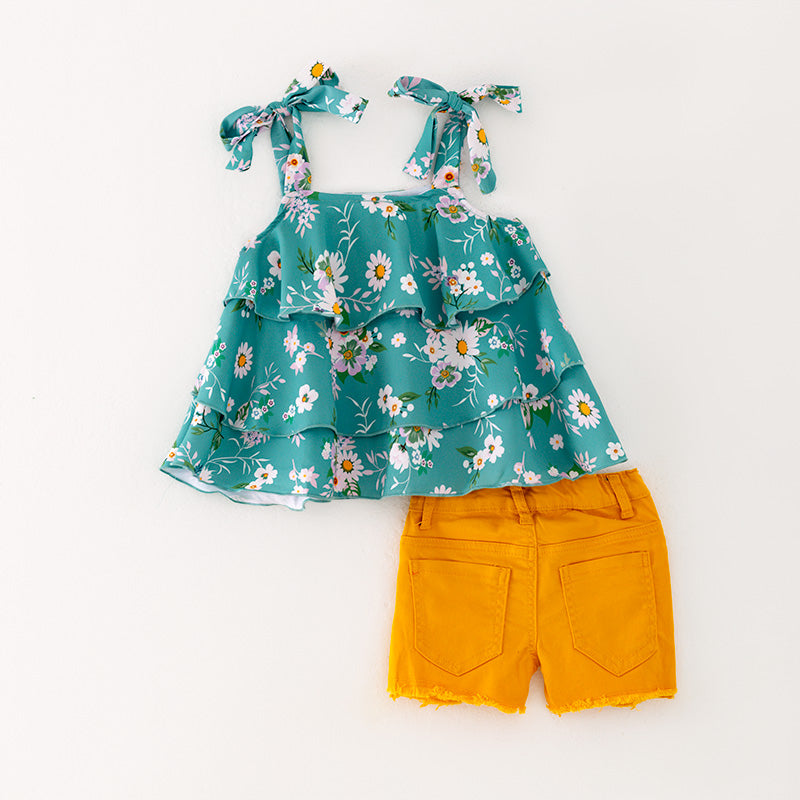 （In Stock L09-02-01）Girls Floral Print Top Orange Denim Set