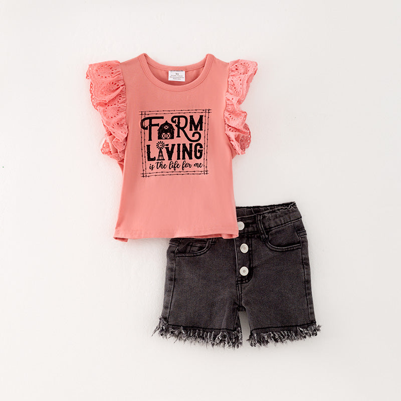 （In Stock L11-03-01）Girls Pink Top Denim Set