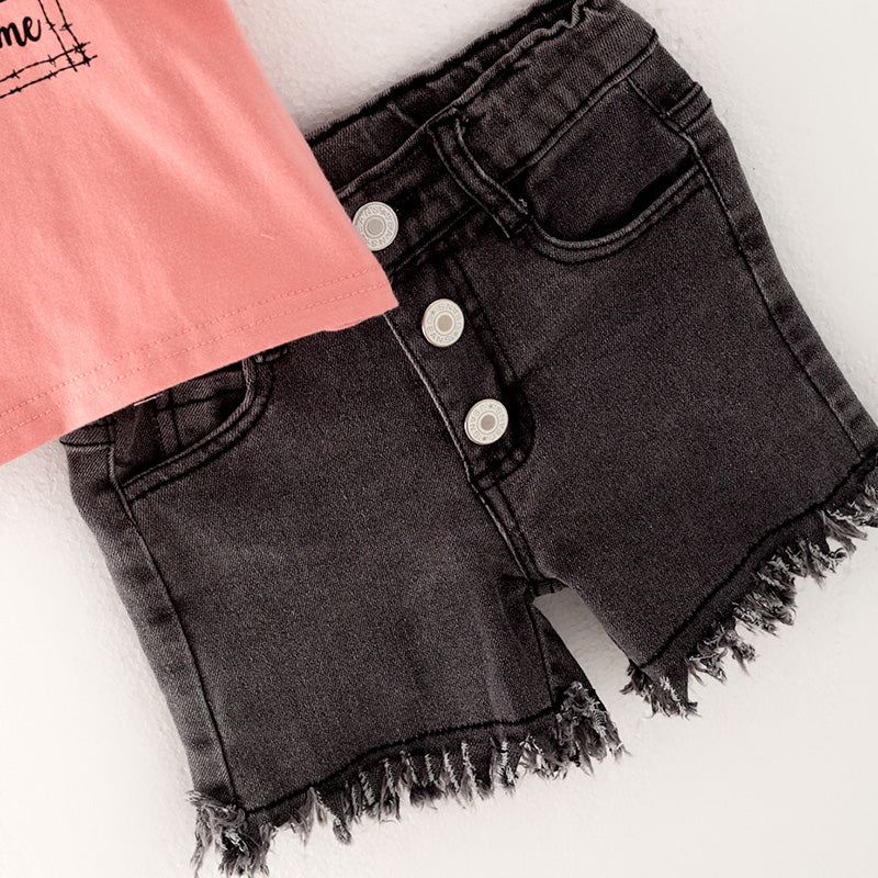 （In Stock L11-03-01）Girls Pink Top Denim Set