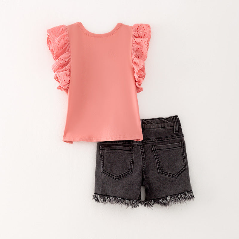 （In Stock L11-03-01）Girls Pink Top Denim Set