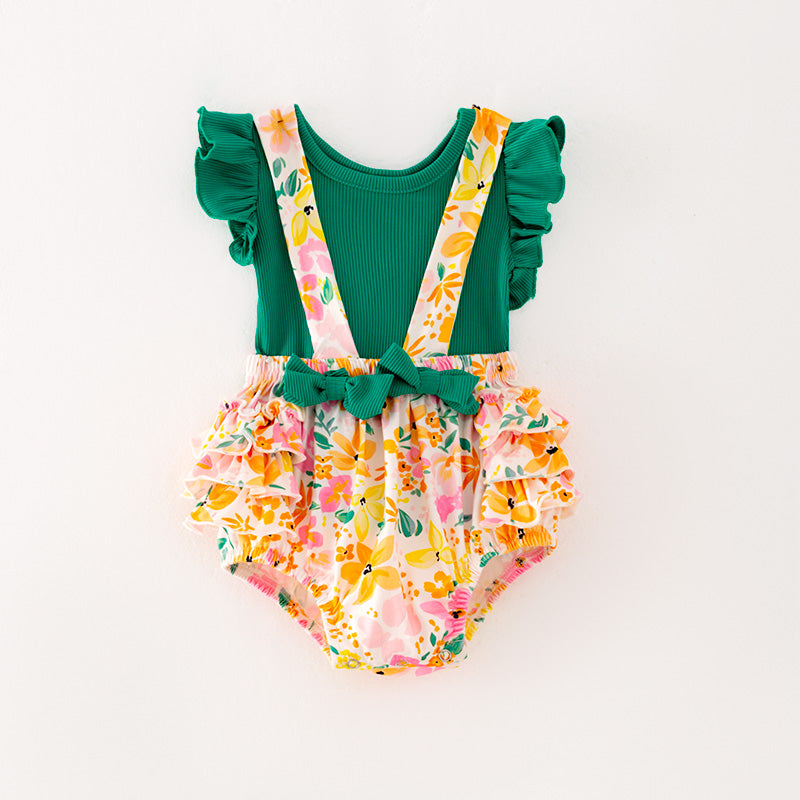 (In Stock L10-01-02)Baby Girls Green Top Floral Print Romper