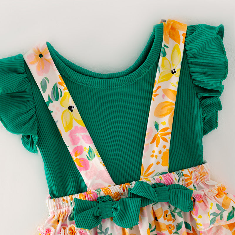 (In Stock L10-01-02)Baby Girls Green Top Floral Print Romper