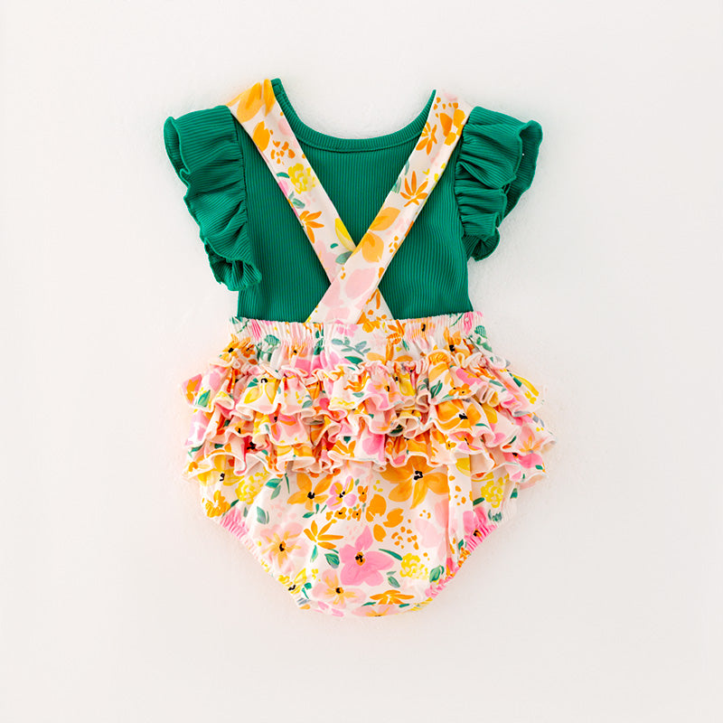 (In Stock L10-01-02)Baby Girls Green Top Floral Print Romper