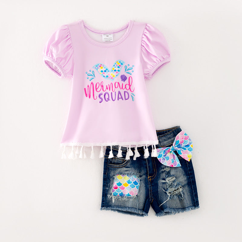 （In Stock L09-03-01）Girls Fringe Top Denim Set