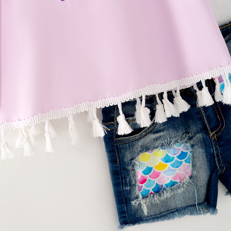 （In Stock L09-03-01）Girls Fringe Top Denim Set