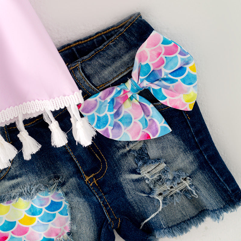 （In Stock L09-03-01）Girls Fringe Top Denim Set