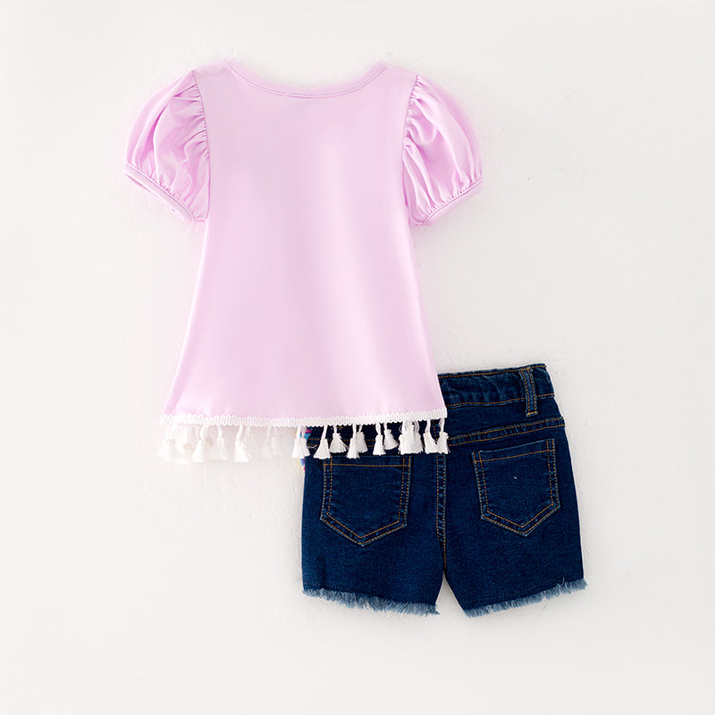 （In Stock L09-03-01）Girls Fringe Top Denim Set