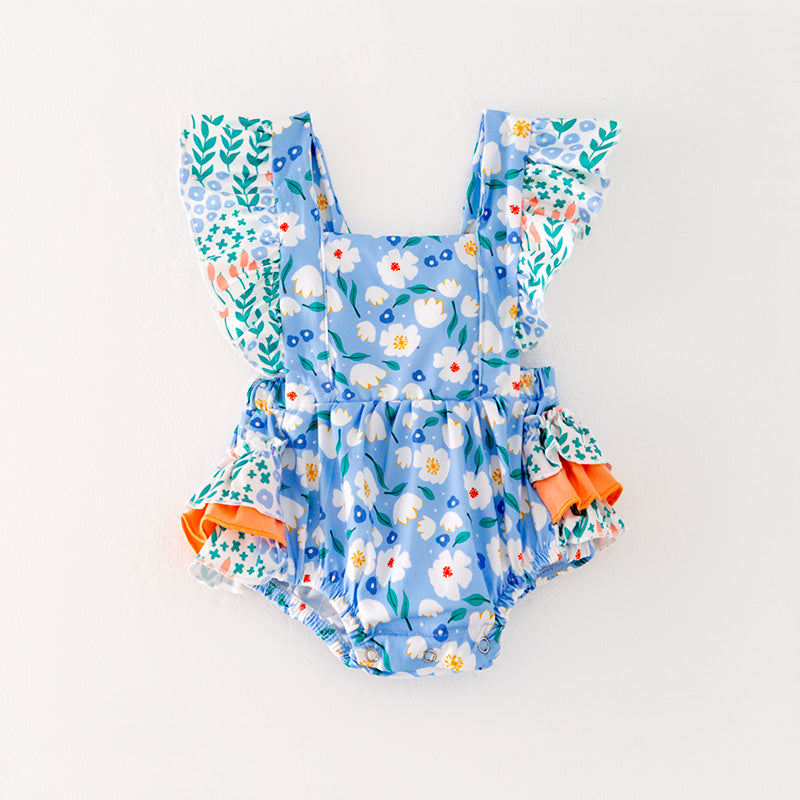 （In Stock L11-04-03）Baby Girls Blue Floral Print Romper