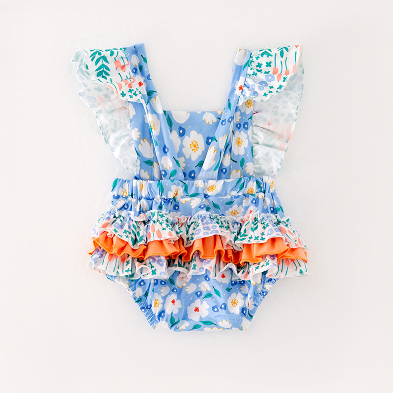 （In Stock L11-04-03）Baby Girls Blue Floral Print Romper