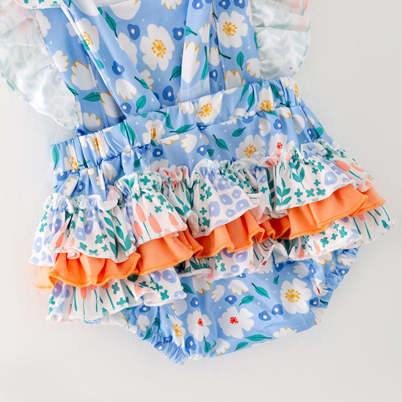 （In Stock L11-04-03）Baby Girls Blue Floral Print Romper