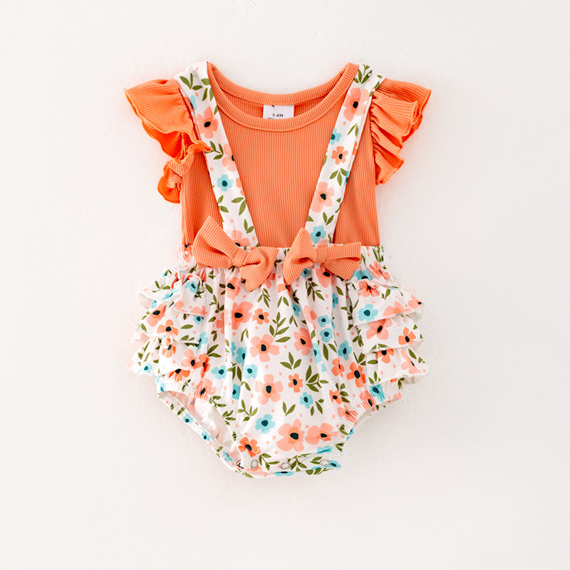 （In Stock L11-04-01）Baby Girls Orange Top Floral Print Romper