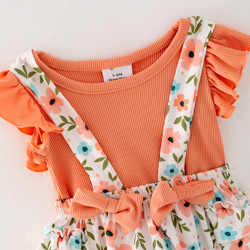 （In Stock L11-04-01）Baby Girls Orange Top Floral Print Romper