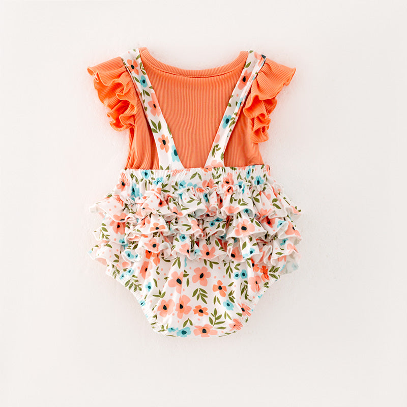 （In Stock L11-04-01）Baby Girls Orange Top Floral Print Romper