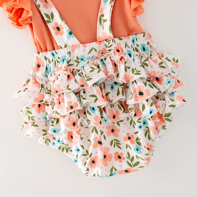 （In Stock L11-04-01）Baby Girls Orange Top Floral Print Romper