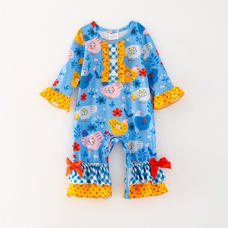 (In Stock G24-05-03)Baby Girls Blue Chick Print Romper