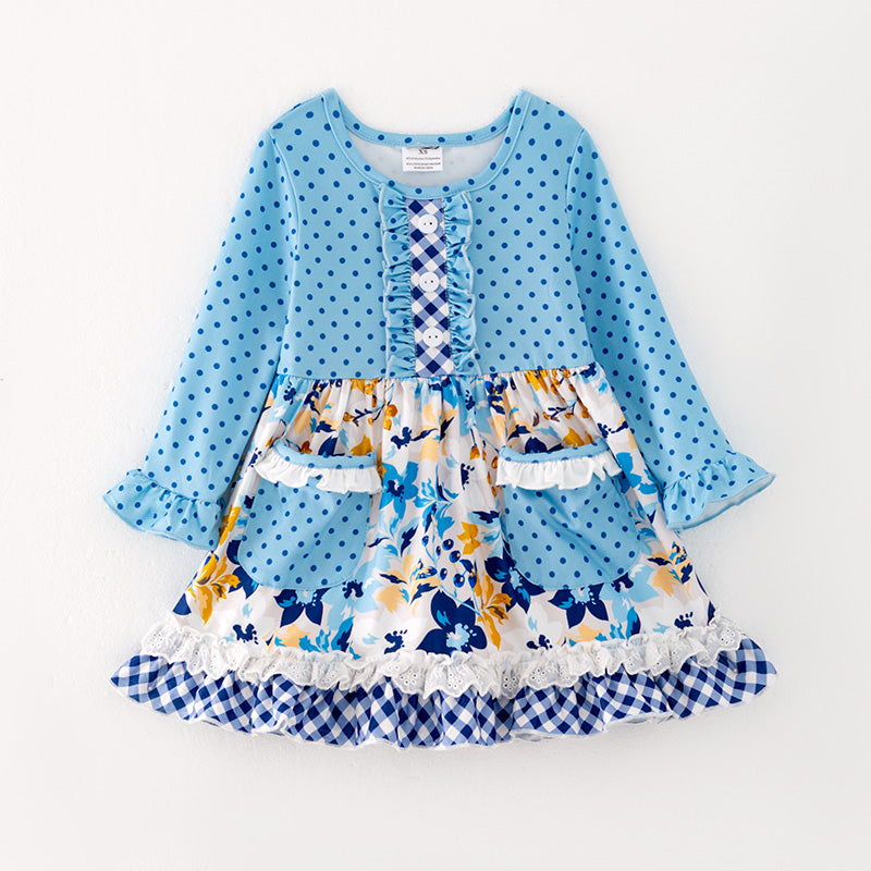 （In Stock G24-05-02）Girls Blue Polka Dot Dress