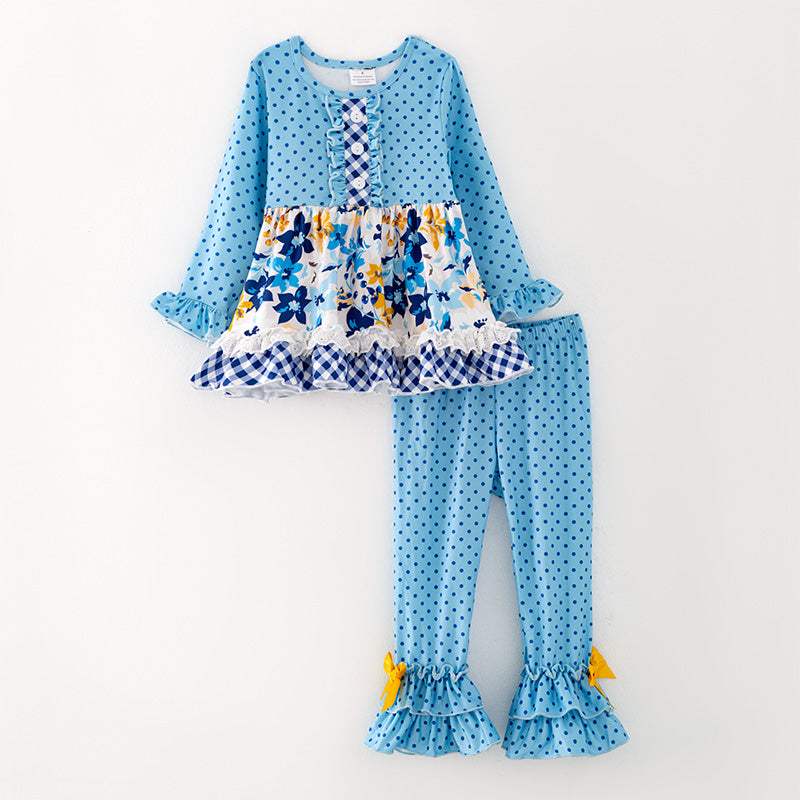 （In Stock G24-04-01）Girls Blue Polka Dot Outfit Set