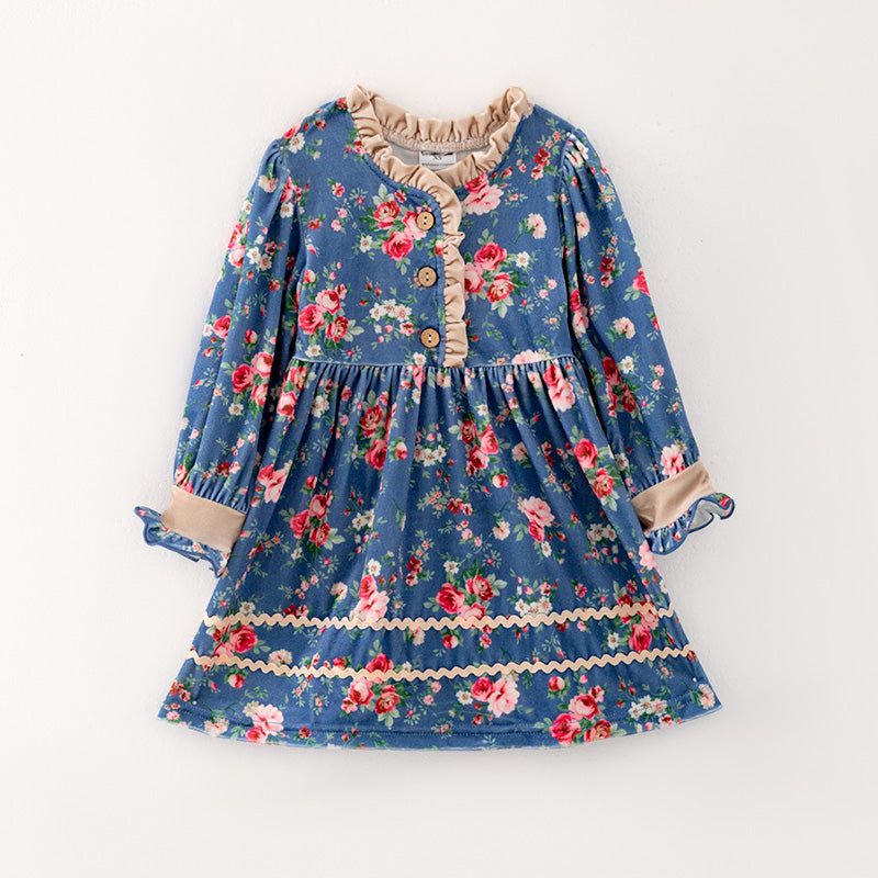 （In Stock G25-04-02）Girls Blue Floral Print Dress