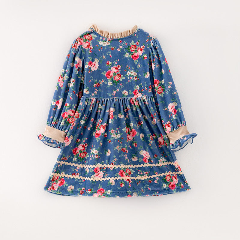 （In Stock G25-04-02）Girls Blue Floral Print Dress