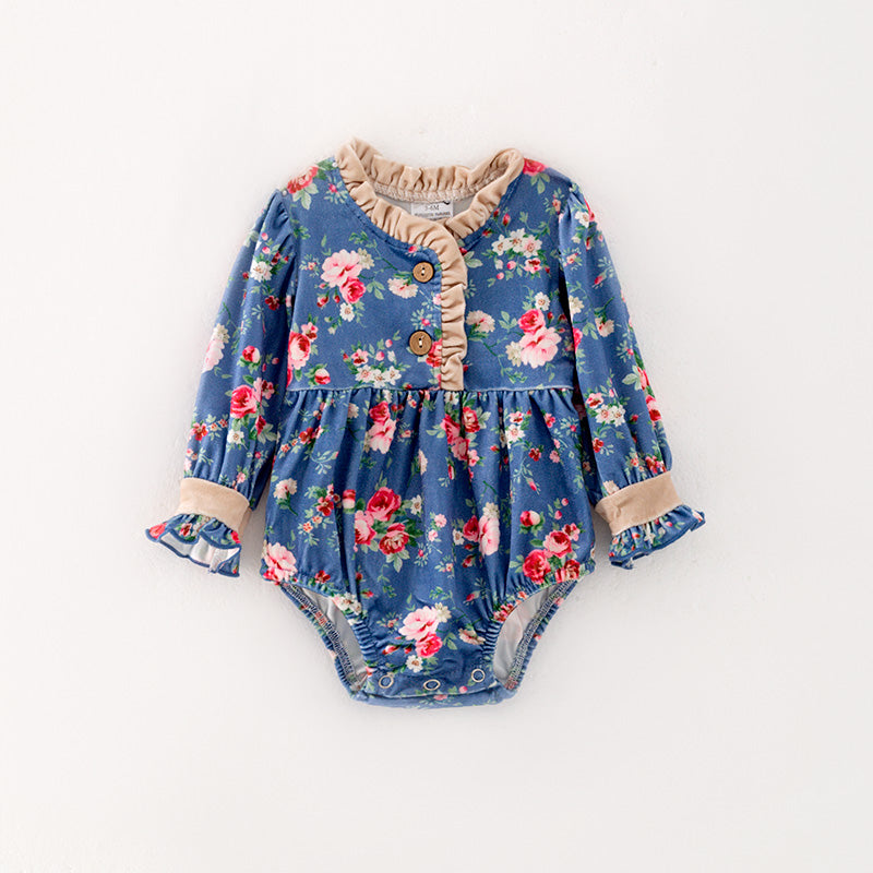 （In Stock G24-05-01）Baby Girls Blue Floral Print Romper