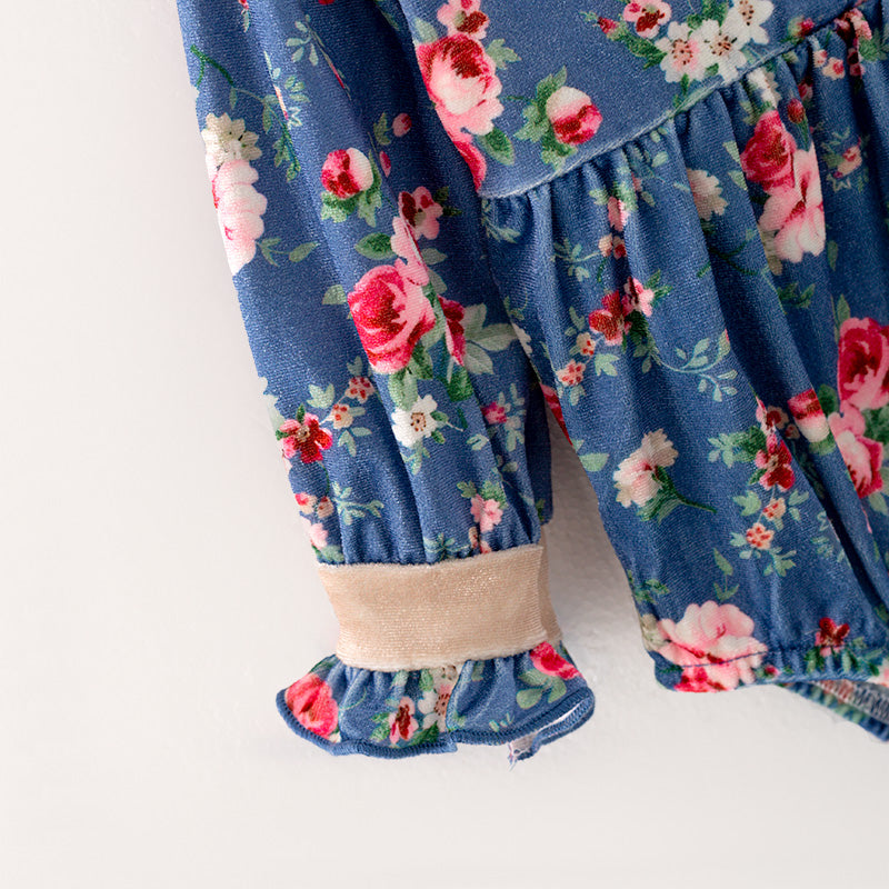 （In Stock G24-05-01）Baby Girls Blue Floral Print Romper