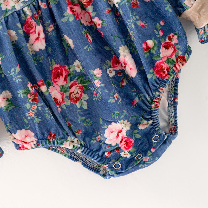 （In Stock G24-05-01）Baby Girls Blue Floral Print Romper