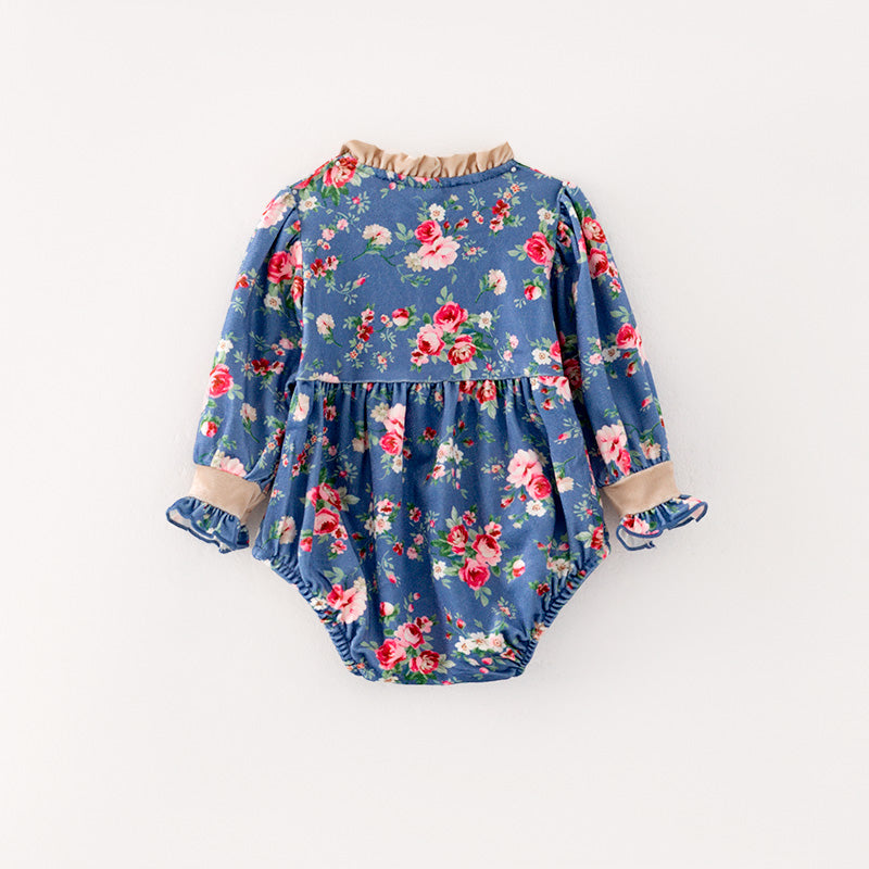 （In Stock G24-05-01）Baby Girls Blue Floral Print Romper