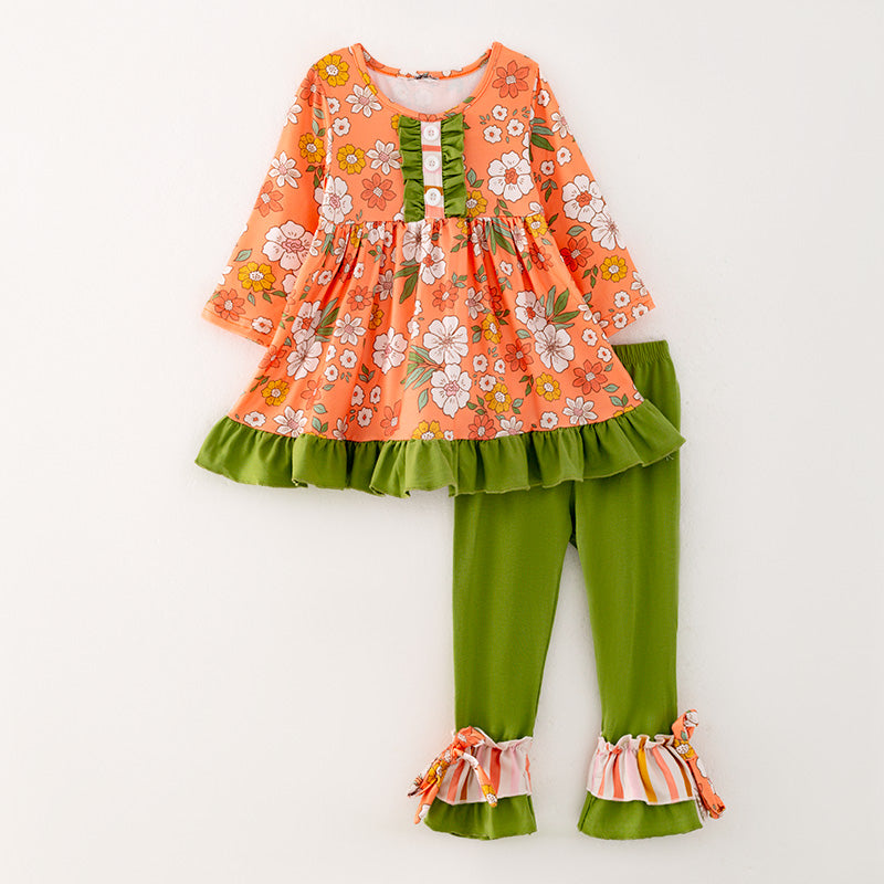 （In Stock G26-05-03）Girls Orange Floral Print Outfit Set