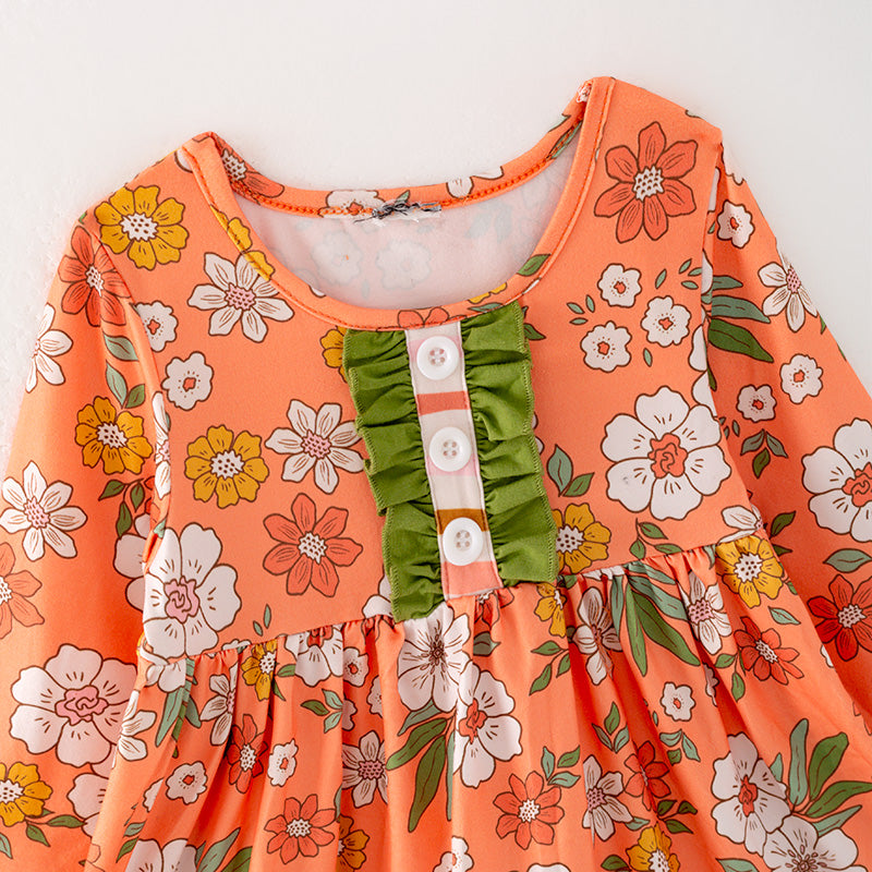 （In Stock G26-05-03）Girls Orange Floral Print Outfit Set