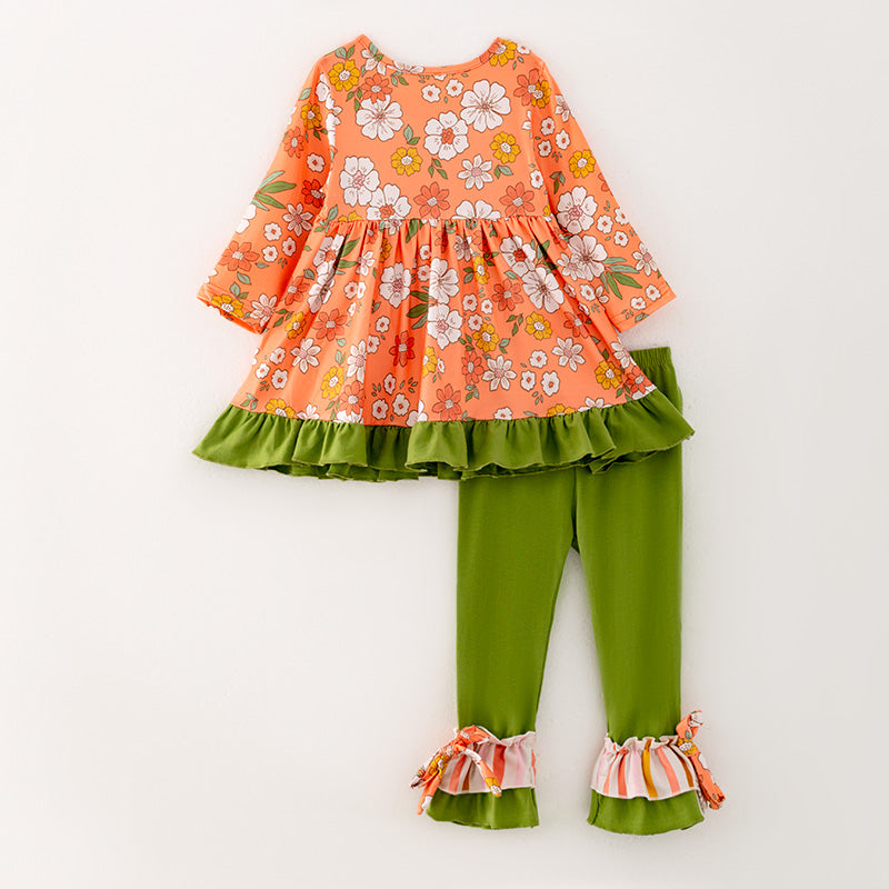 （In Stock G26-05-03）Girls Orange Floral Print Outfit Set