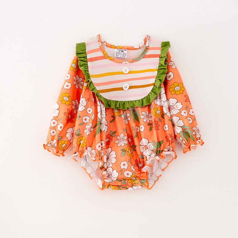 （In Stock G32-05-02）Baby Girls Orange Floral Print Romper