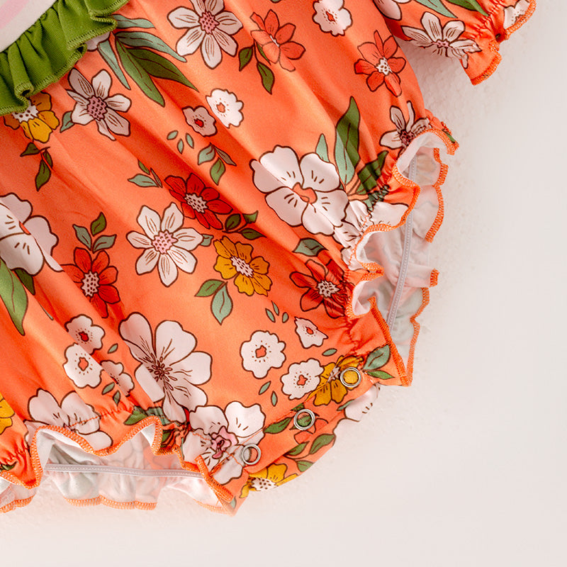 （In Stock G32-05-02）Baby Girls Orange Floral Print Romper