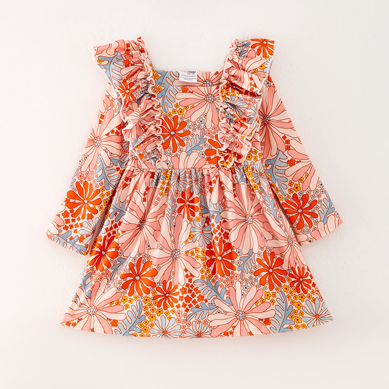 （In Stock G26-04-03）Girls Orange Floral Print Dress