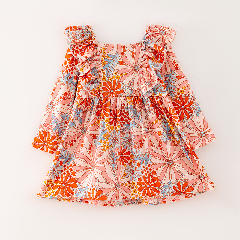 （In Stock G26-04-03）Girls Orange Floral Print Dress