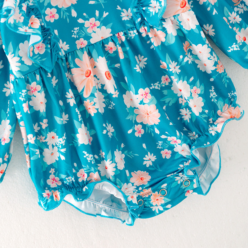 （In Stock G31-02-02）Baby Girls Turquoise Floral Print Romper