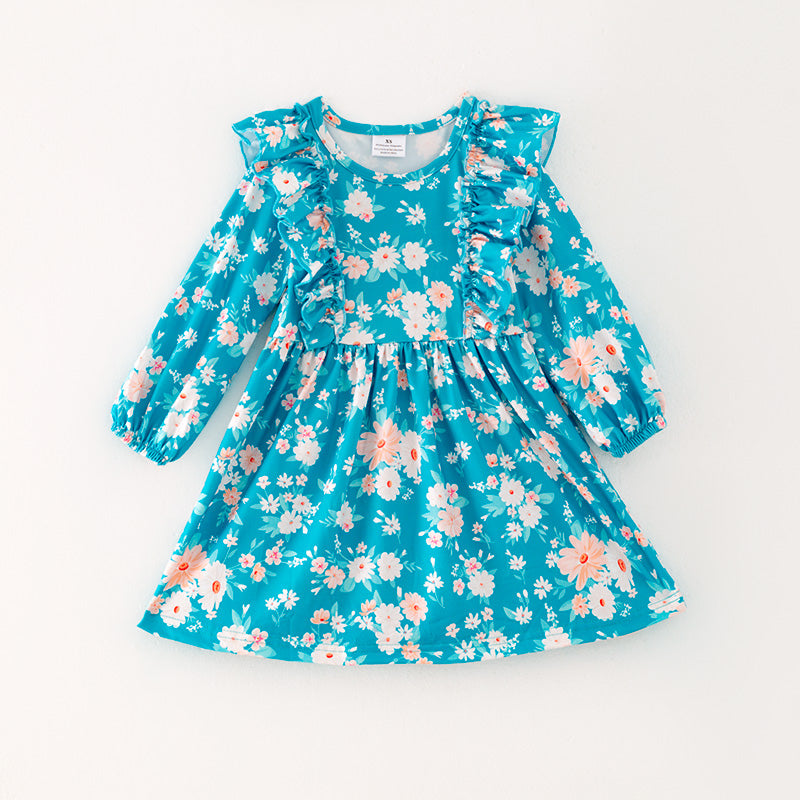 (In Stock G31-04-02)Girls Turquoise Floral Print Dress