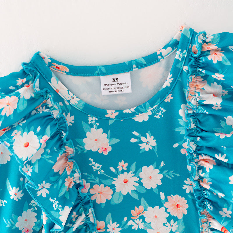 (In Stock G31-04-02)Girls Turquoise Floral Print Dress