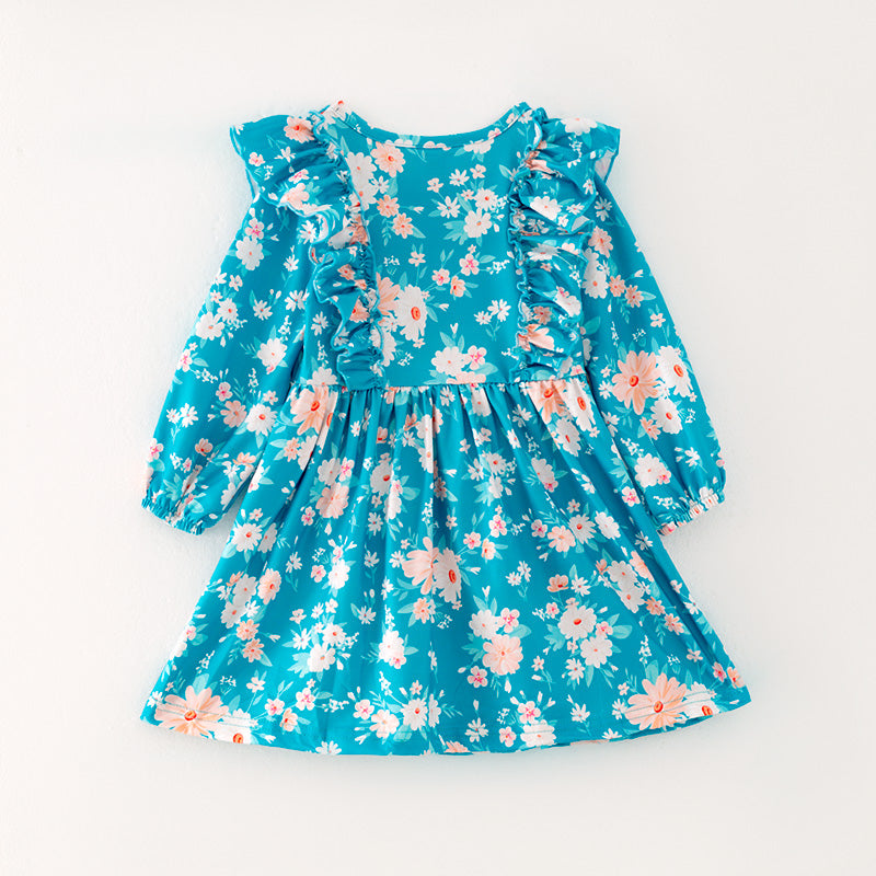 (In Stock G31-04-02)Girls Turquoise Floral Print Dress