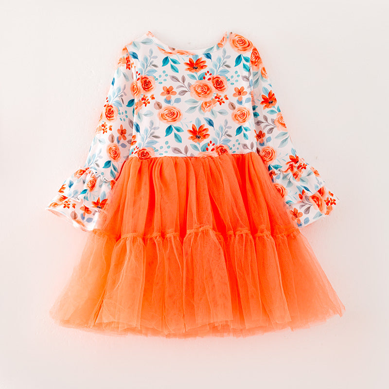 (In Stock G26-05-02)Girls Floral Print Tulle Dress