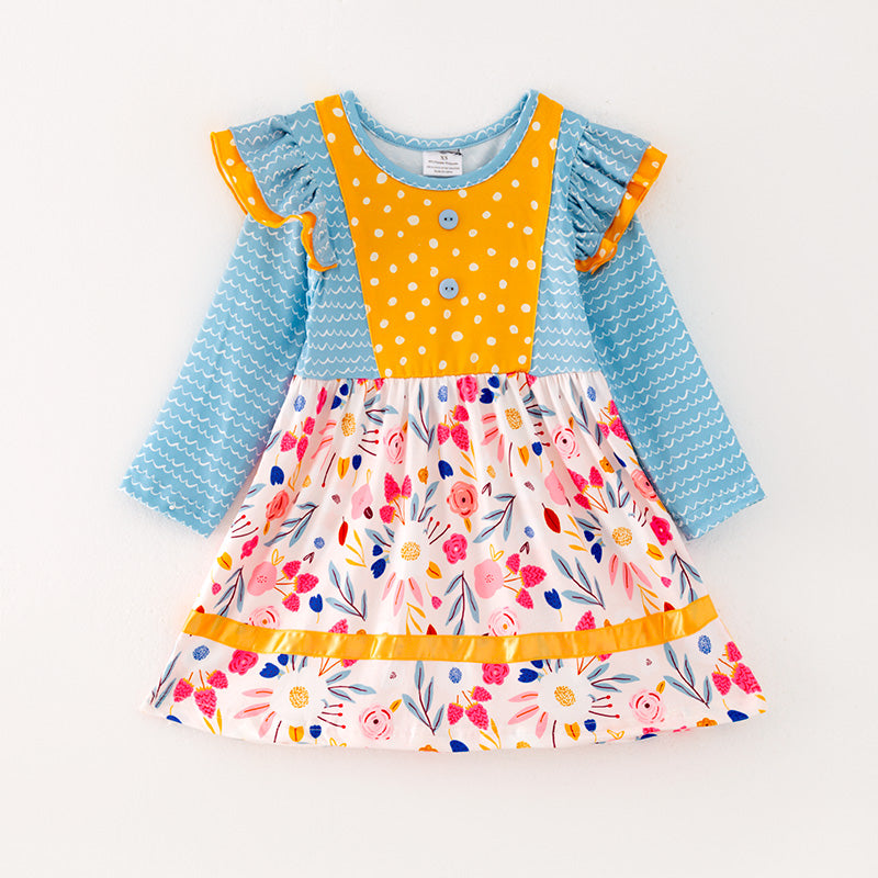 (In Stock G32-03-02)Girls Floral Print Blue Sleeve Dress