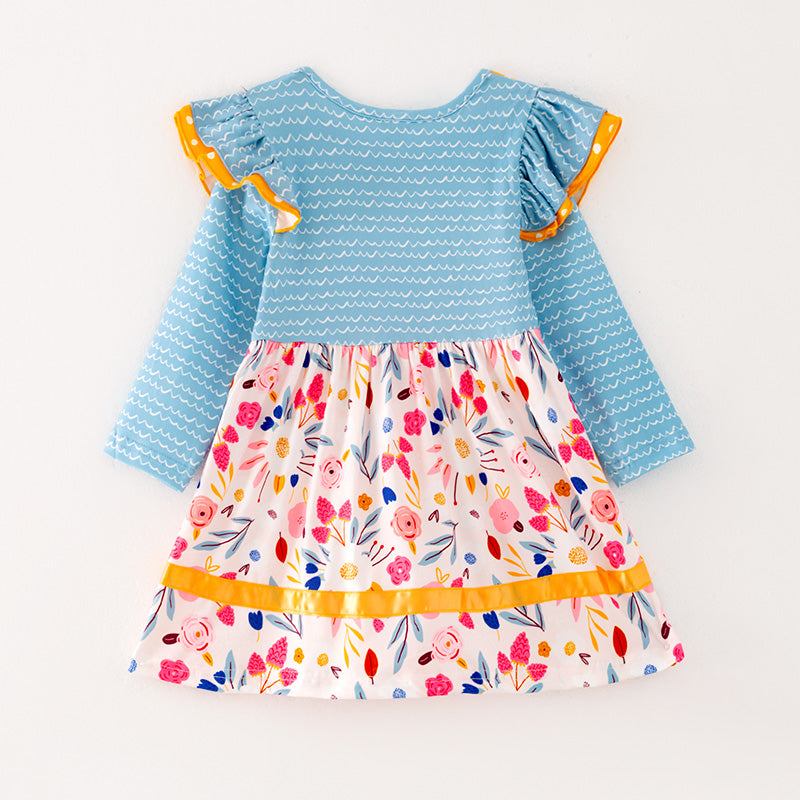 (In Stock G32-03-02)Girls Floral Print Blue Sleeve Dress