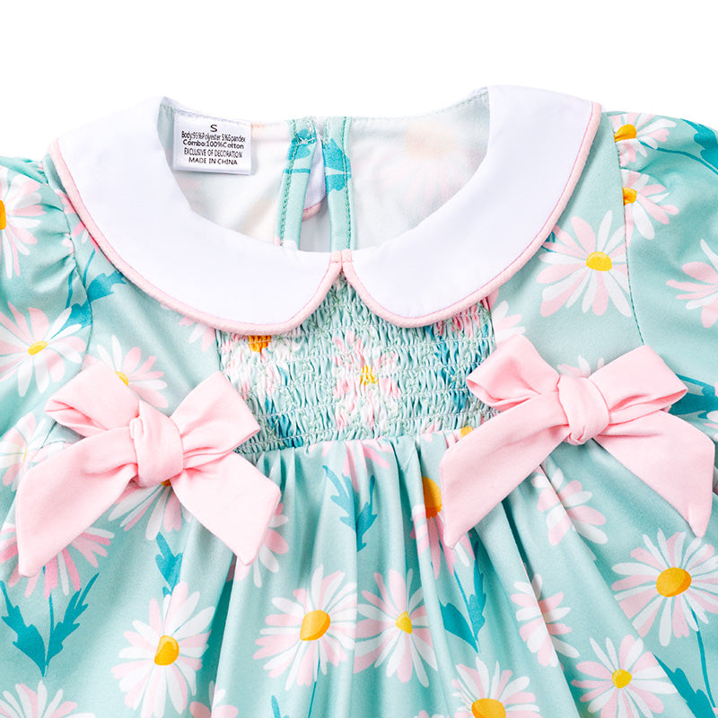 （In Stock E23-3-3）Girls Daisy Flower Smocked Dress