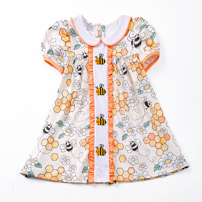 （In Stock E23-2-2）Girls Bee Embroidery Floral Peter Pan Collar Dress