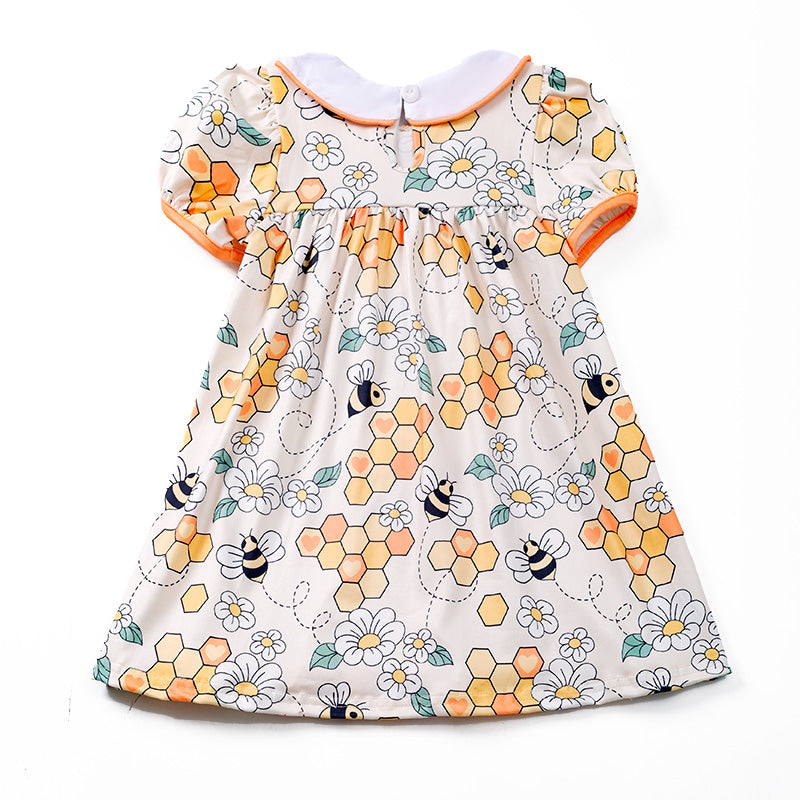 （In Stock E23-2-2）Girls Bee Embroidery Floral Peter Pan Collar Dress