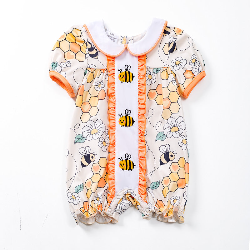 （In Stock E23-4-1）Girls Bee Embroidery Floral Peter Pan Collar Romper