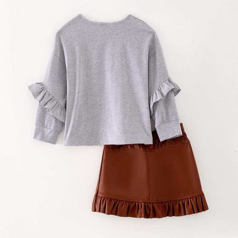 （In Stock G26-05-02）Girls Grey Top Leather Skirt Set